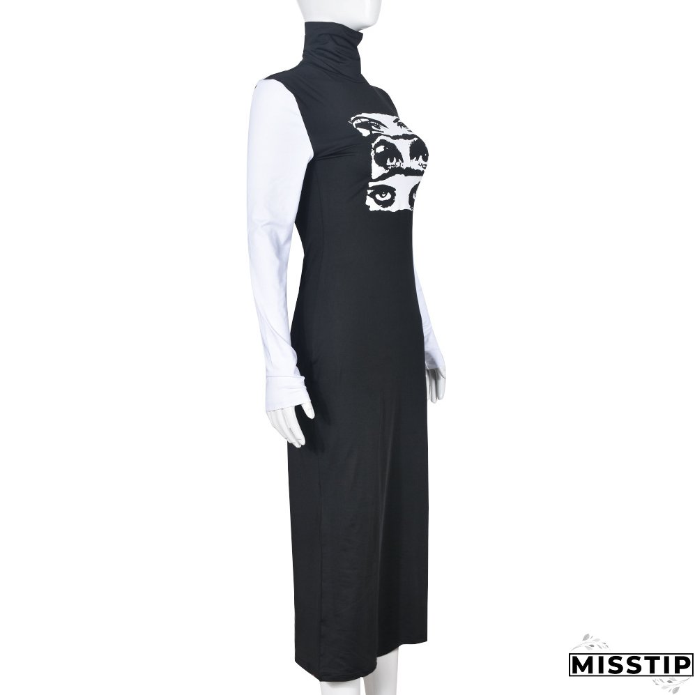 Women Sexy Long Sleeve Round Neck Print Dress