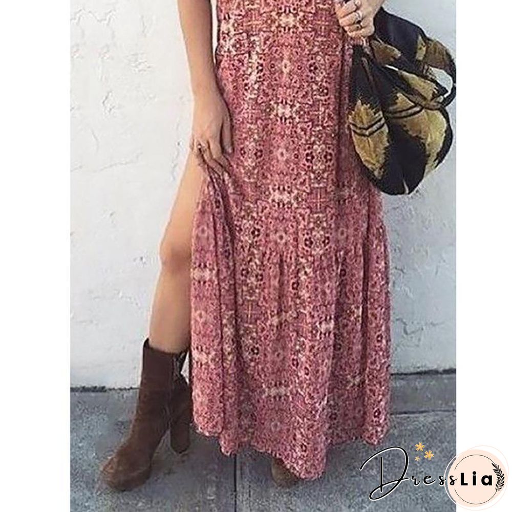 Women V-Neck Printed Split Skirt