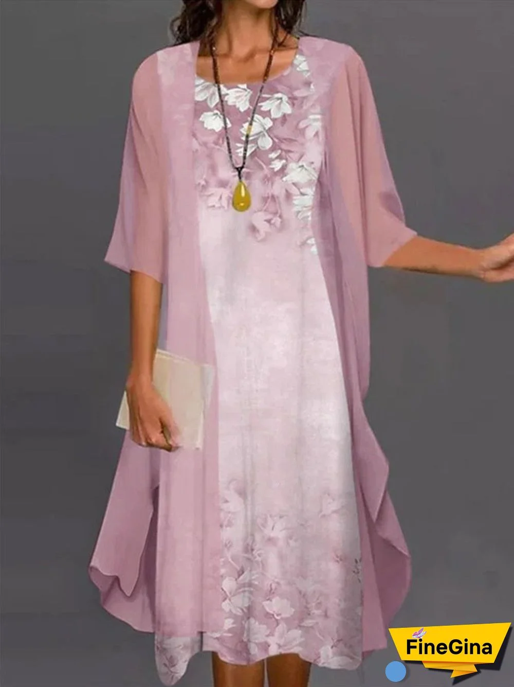 Women 3/4 Sleeve Scoop Neck Graphic Floral Printed Two-Piece Maxi Dress