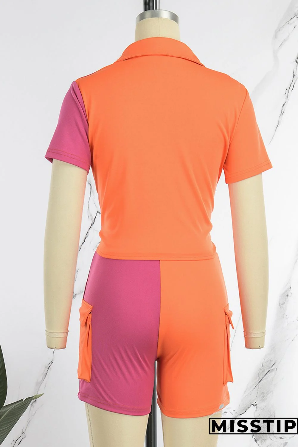 Blue Casual Patchwork Contrast Shirt Collar Short Sleeve Two Pieces