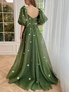 Dusty Forest Green 3D Floral Appliqué Daisy Formal Gown Half Puff Sleeve High Leg Split Sexy Floor Length Maxi Cottagecore Whimsical Ethereal Fairy Enchanted