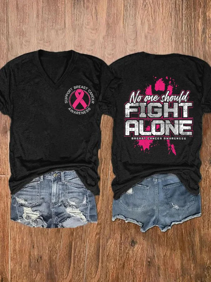 V-neck Breast Cancer Awareness No One Should Fight Alone Double Sided T-Shirt socialshop