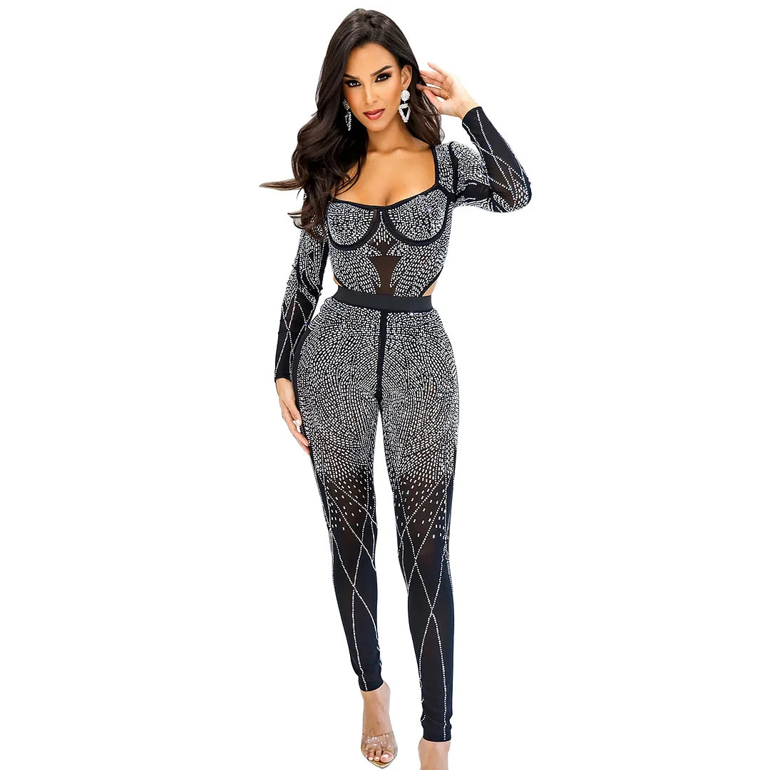 Ueong Ueong Fashion Women's Pure Color Mesh Hot Diamond Long Sleeve Trousers Jumpsuit