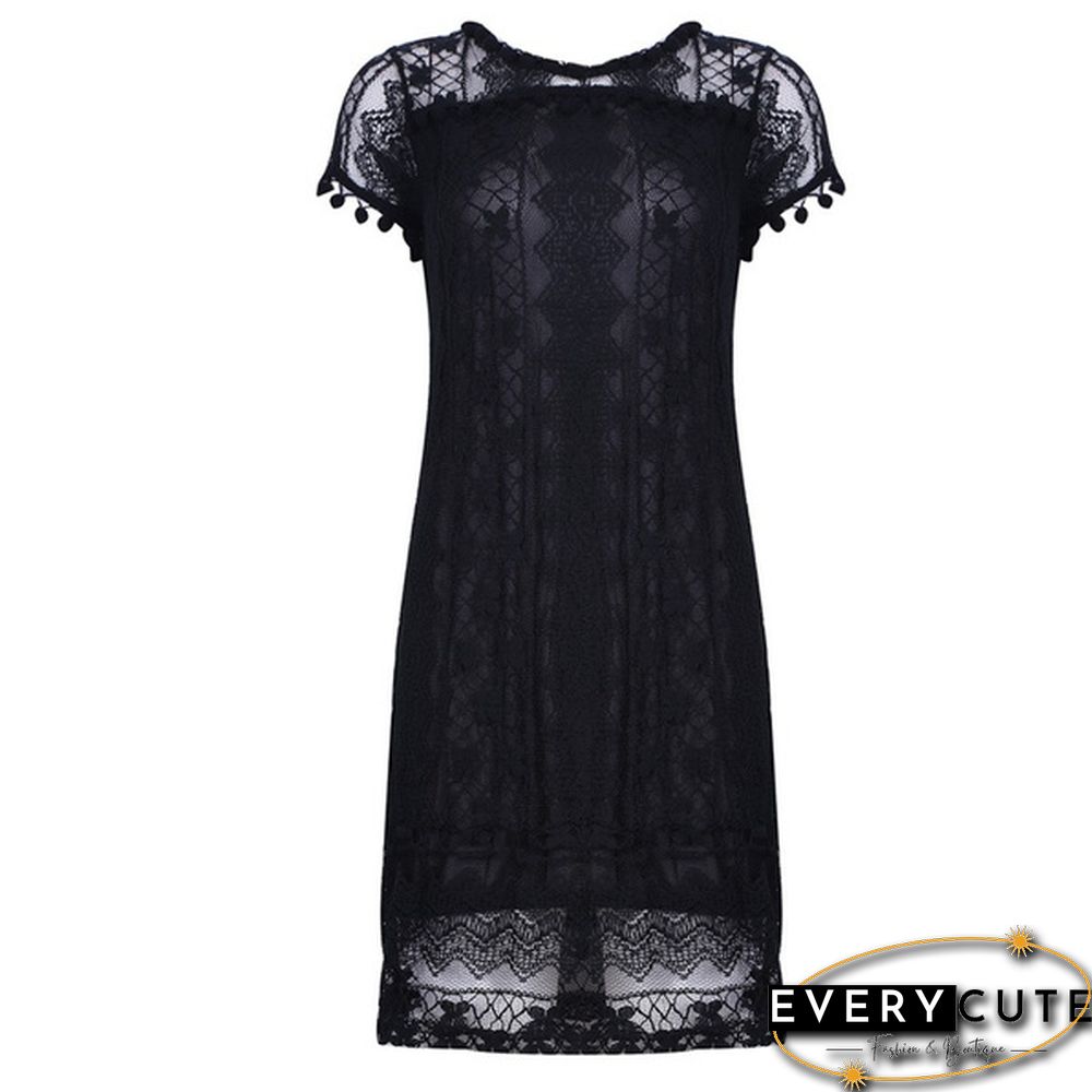 (S-5XL)Fashion Summer Dress Women Casual Sleeveless Short Dress Tassel Solid White Mini Lace Dress Plus Size
