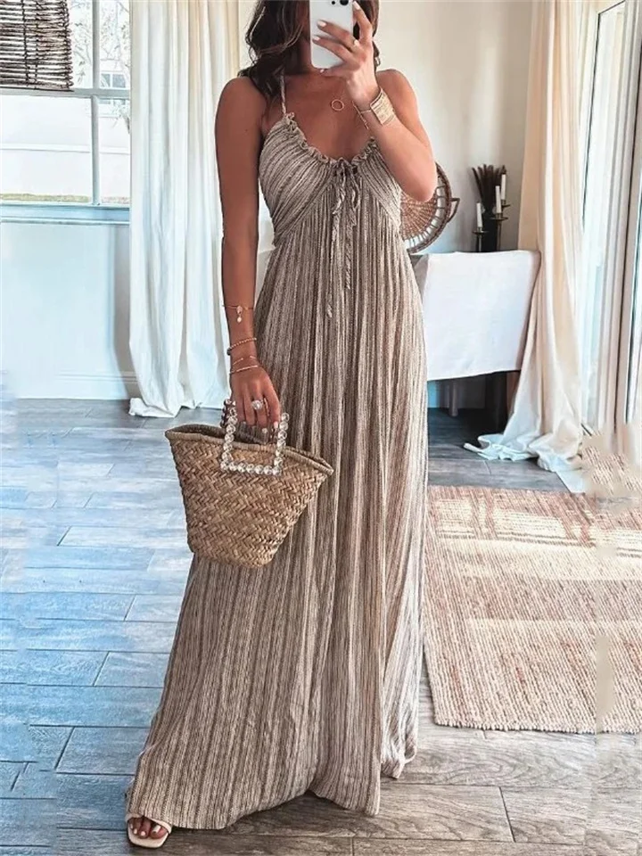 Spring and Summer New Solid Color V-neck Sexy Suspenders Pressure Pleated Dress Tied Loose Big Swing Long Skirt Dress