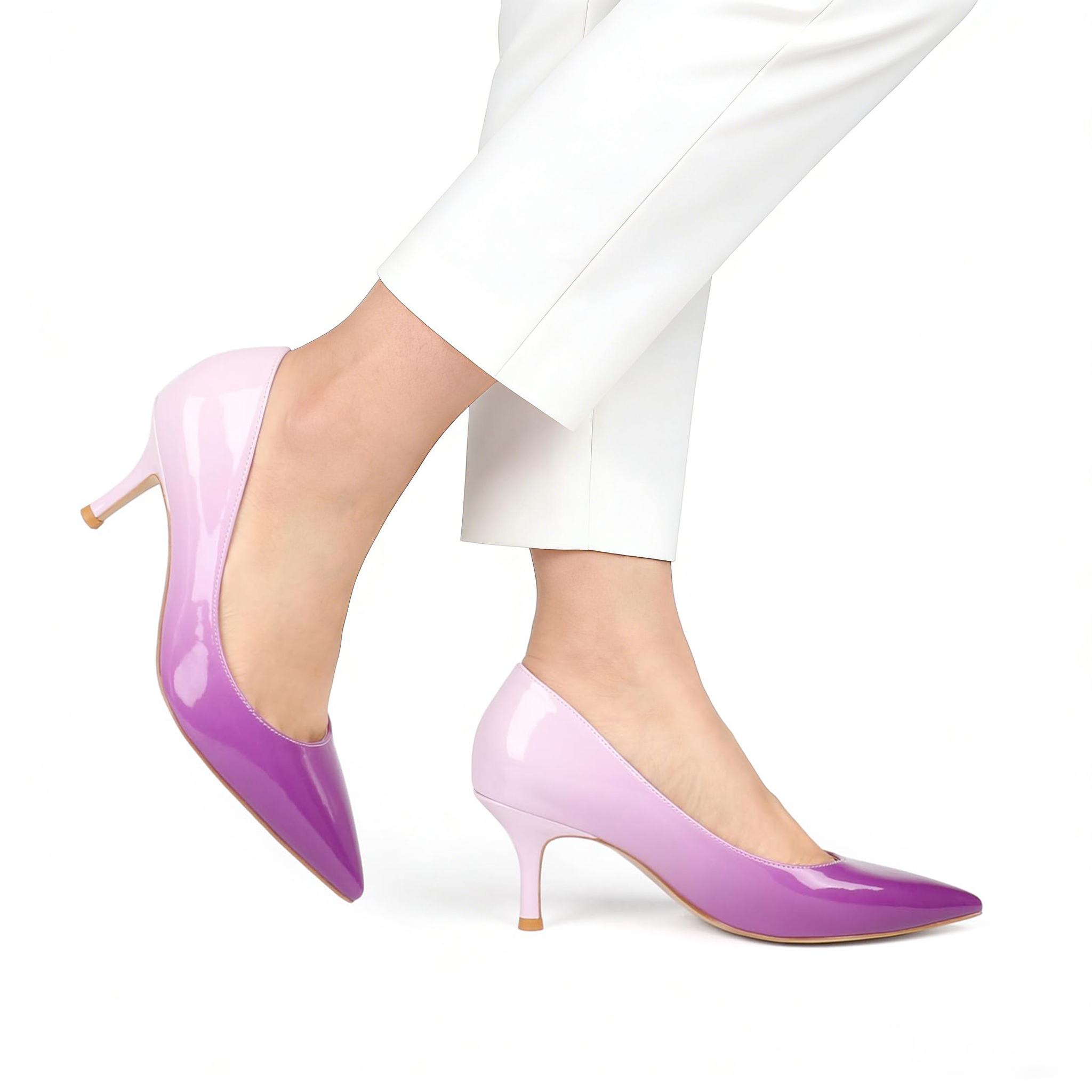 60mm Pointed Toe Kitten Heels Daily Gradient Colors Patent Pumps for Women-MERUMOTE