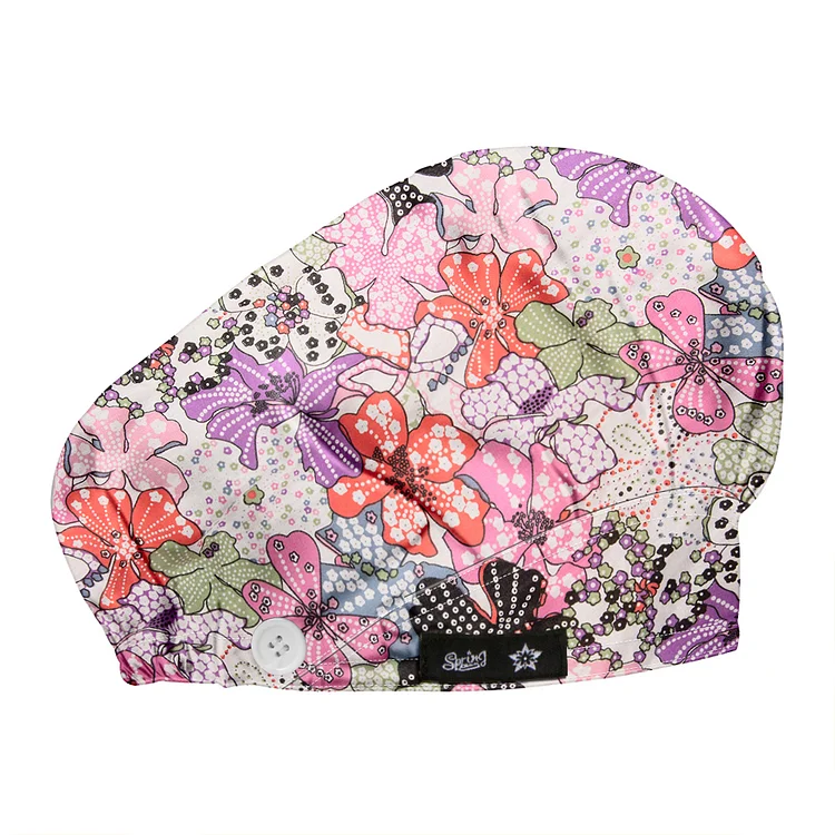 Women's Pink Flower Pattern Bouffant Hats Beanies Working Cap Button Sweatband Adjustable