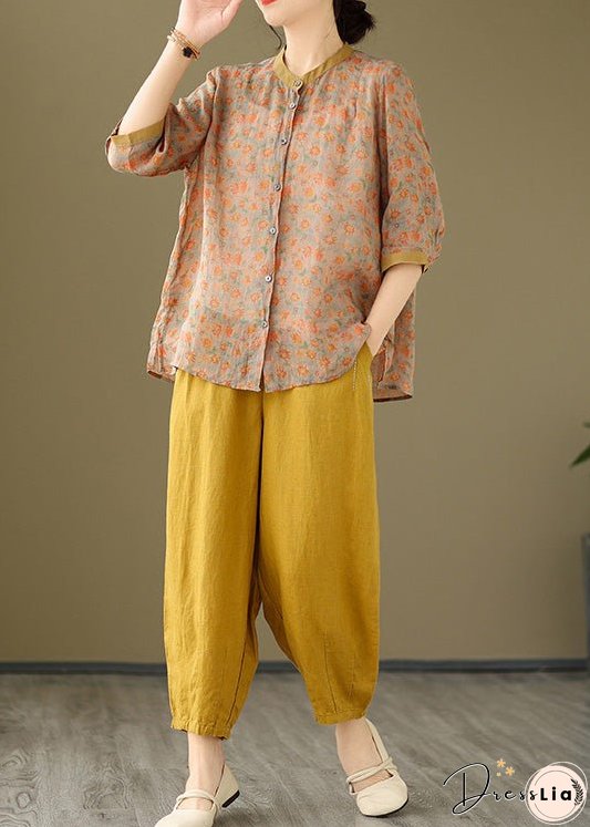 Orange Button Pockets Cotton Two-Piece Set Pink Half Sleeve Bracelet Sleeve