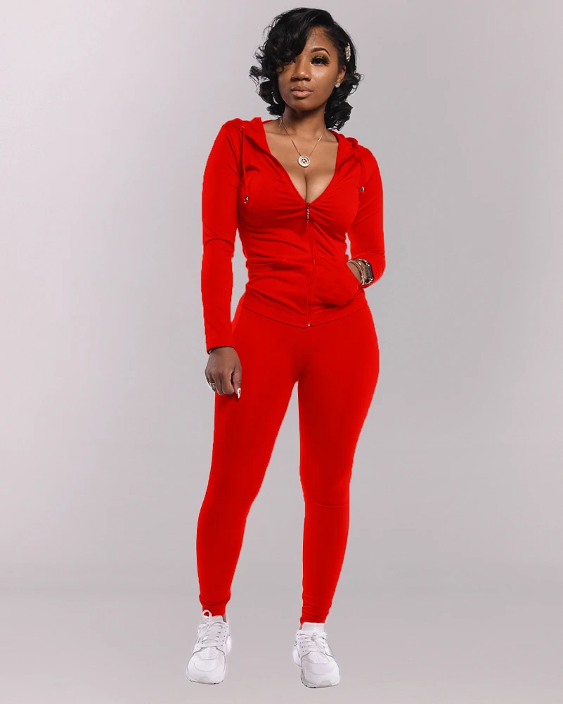 Solid Zipper Front Hoodie Long Sleeve Top & Pants Set