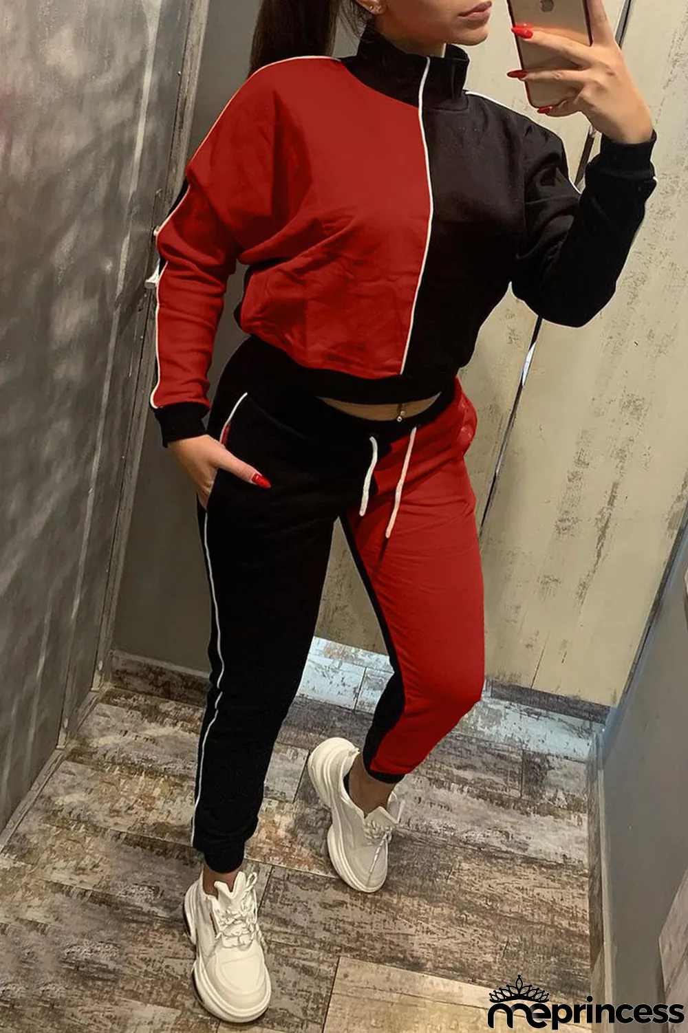 Red Casual Solid Split Joint Zipper Zipper Collar Long Sleeve Two Pieces