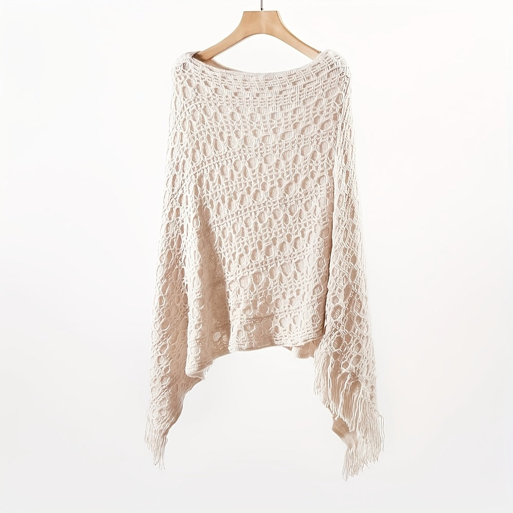 Knit Hollow Out Pullover Poncho Solid Color Tassel Double-layer Outside Wrap Shawl Stylish
