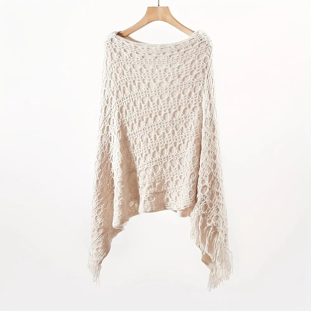 Knit Hollow Out Pullover Poncho Solid Color Tassel Double-layer Outside Wrap Shawl Stylish