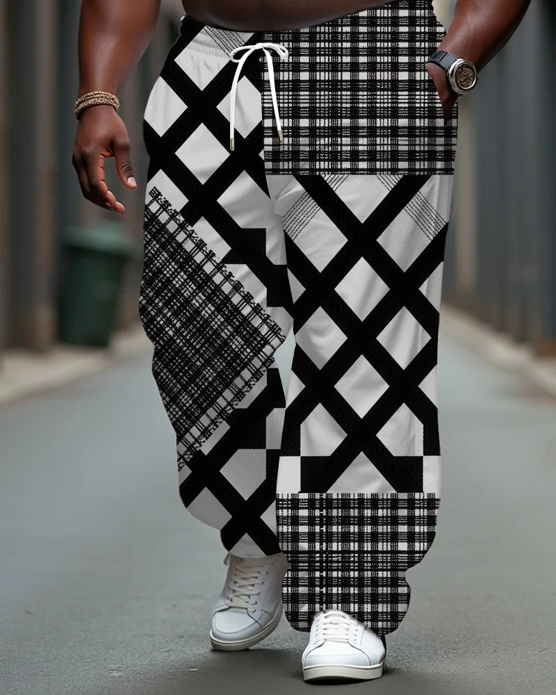 Big Men's Modern Splicing Plaid Printed Pants with Pockets & Drawstring