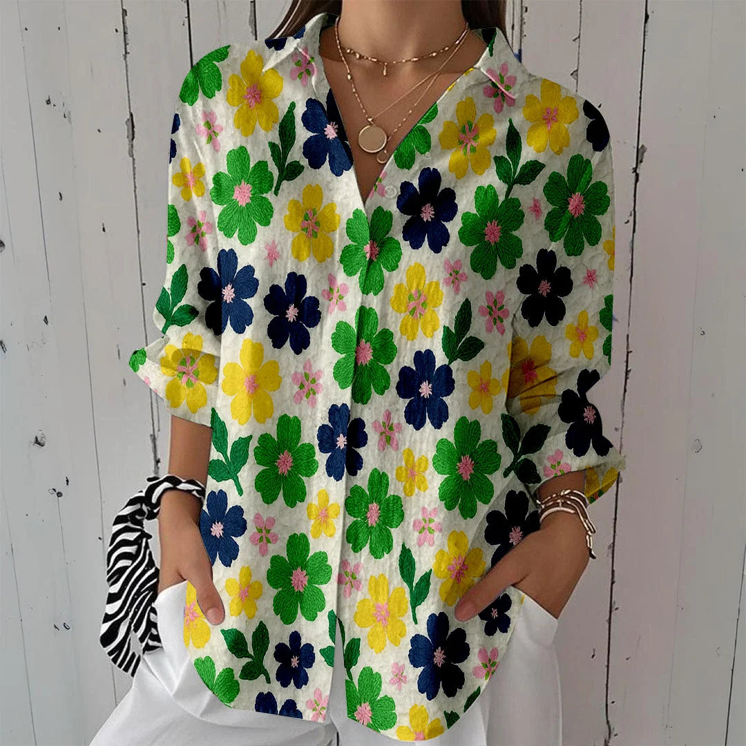 Style & Comfort for Mature Women Women Flowers, Yellow, Green, Black DZCL0371 3/4 Sleeve Shirt Collar Printed Button Tops