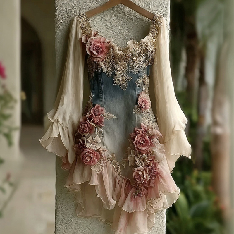 Women's Retro Floral Art Ruffle Midi Dress wearshes