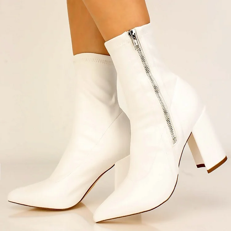 White Lycra Chunky Heel Boots Pointy Toe Ankle Boots |FSJ Shoes