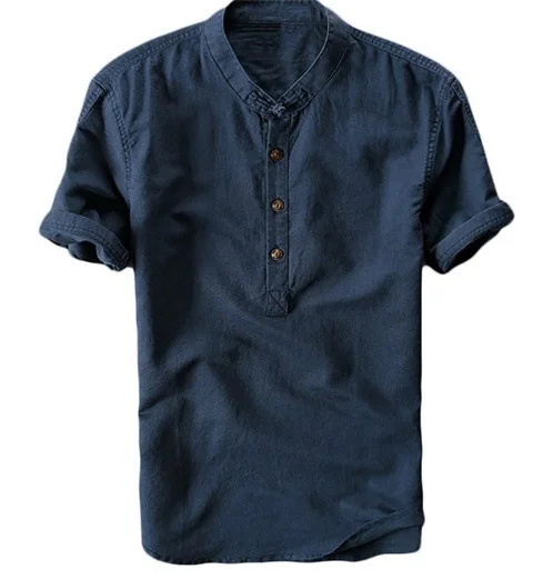 Brownm Brownm Summer Travel Holiday Men's Leisure Simple Small Fresh Linen Shirt Thin Solid Color Short-Sleeved Leisure T-Shirt