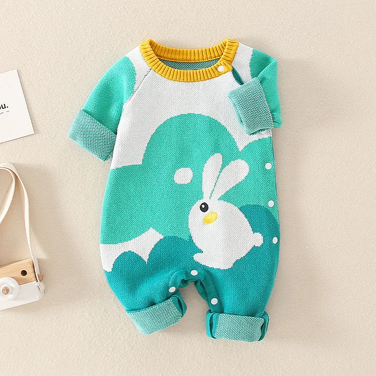 Baby Boy Cartoon Rabbit Print Long Sleeve Knitted Romper