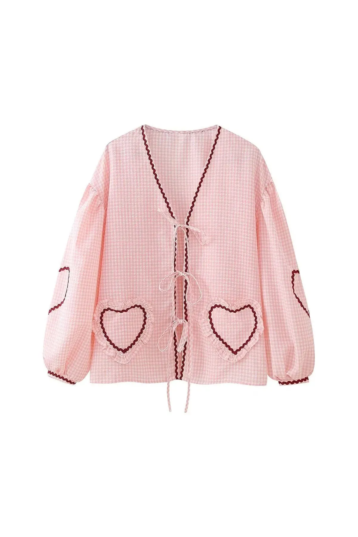 Damen Bluse – Gingham, Herz-Taschen, Bindedetail, Roter Saum, Langarm-83307-44fea038-c94b-4511-85d5-4330bcb914c1