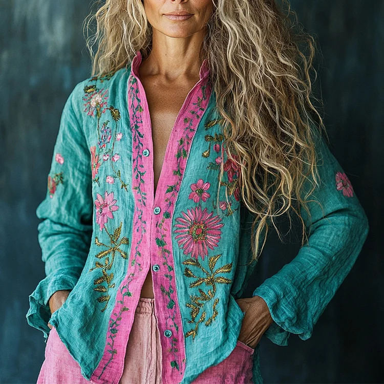 Women's Linen Bohemian Flower Print Long-sleeved Shirt