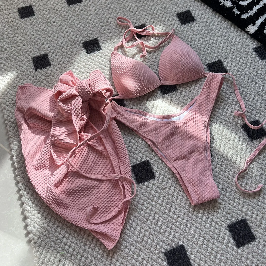 Uveng 2024 New Special Fabric High-Waist Sexy Hottie Swimsuit Bikini Three-Piece Swimsuit Swimsuit