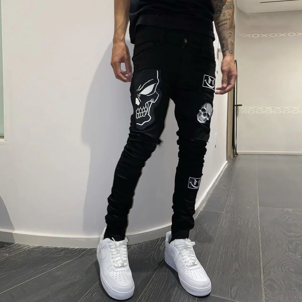 Personalized street style black skull print trousers