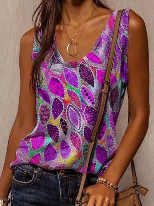 Women Sleeveless U-neck Floral Printed Printed Gradient