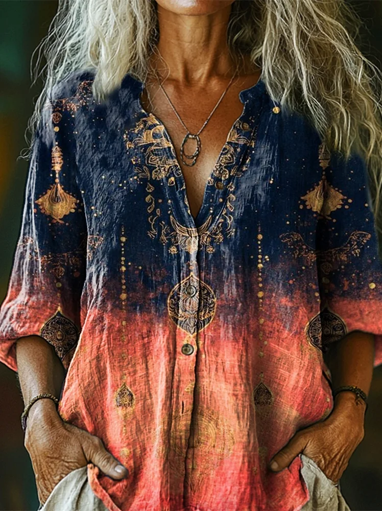 Women's Vintage Ethnic Tribal Art Pattern Print Casual Cotton Linen Shirt