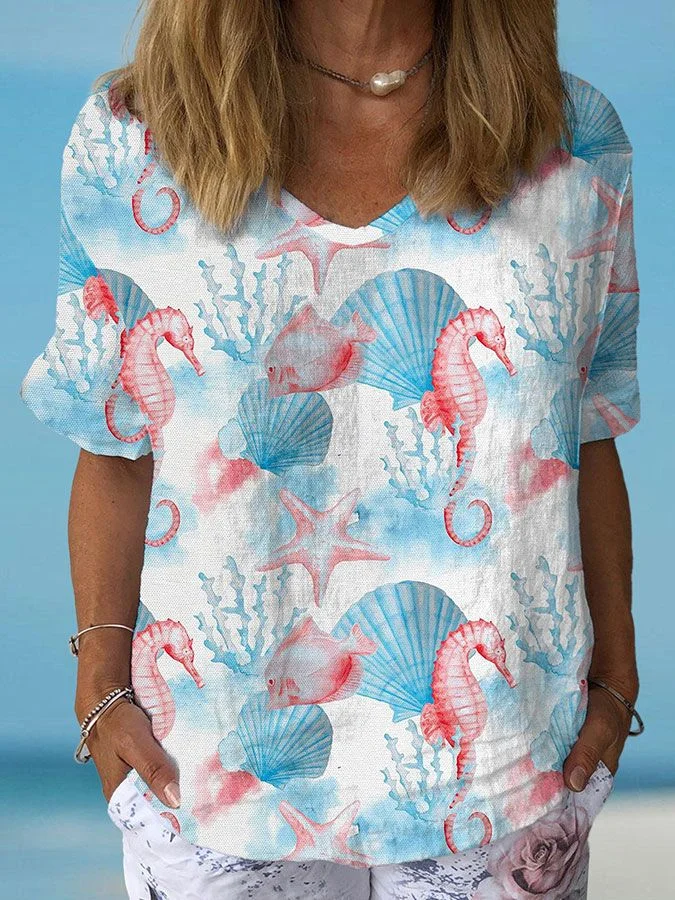 Womens Retro Floral Casual V-Neck Cotton And Linen Top