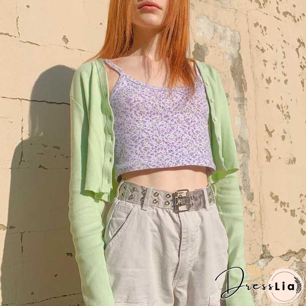 Ribbed Knit Flower Prints Cropped Cami Tops Lace Trim Tank