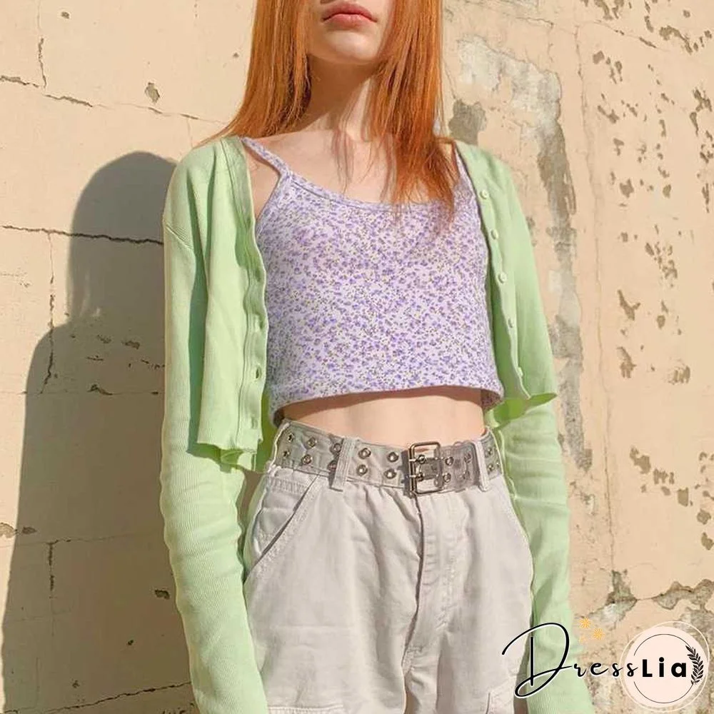 Ribbed Knit Flower Prints Cropped Cami Tops Lace Trim Tank