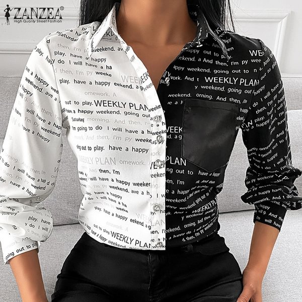 ZANZEA Women Autumn Full Sleeved Printed Plus Size Buttons Down Shirts Blouse Loose Tops - Life is Beautiful for You - SheChoic