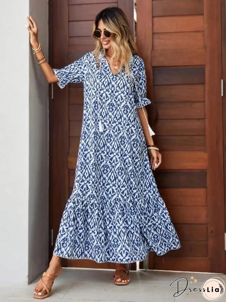 Spring Summer Boho Women Maxi Dress Casual Short Sleeve A-eline Flounce Beach Woman