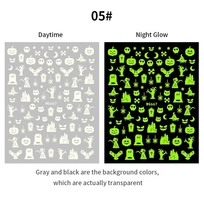 1PC Halloween Luminous 3D Nail Stickers Glowing In Dark Pumpkin Ghost Spider Web Party Design DIY Decals Slider Nail Decortion