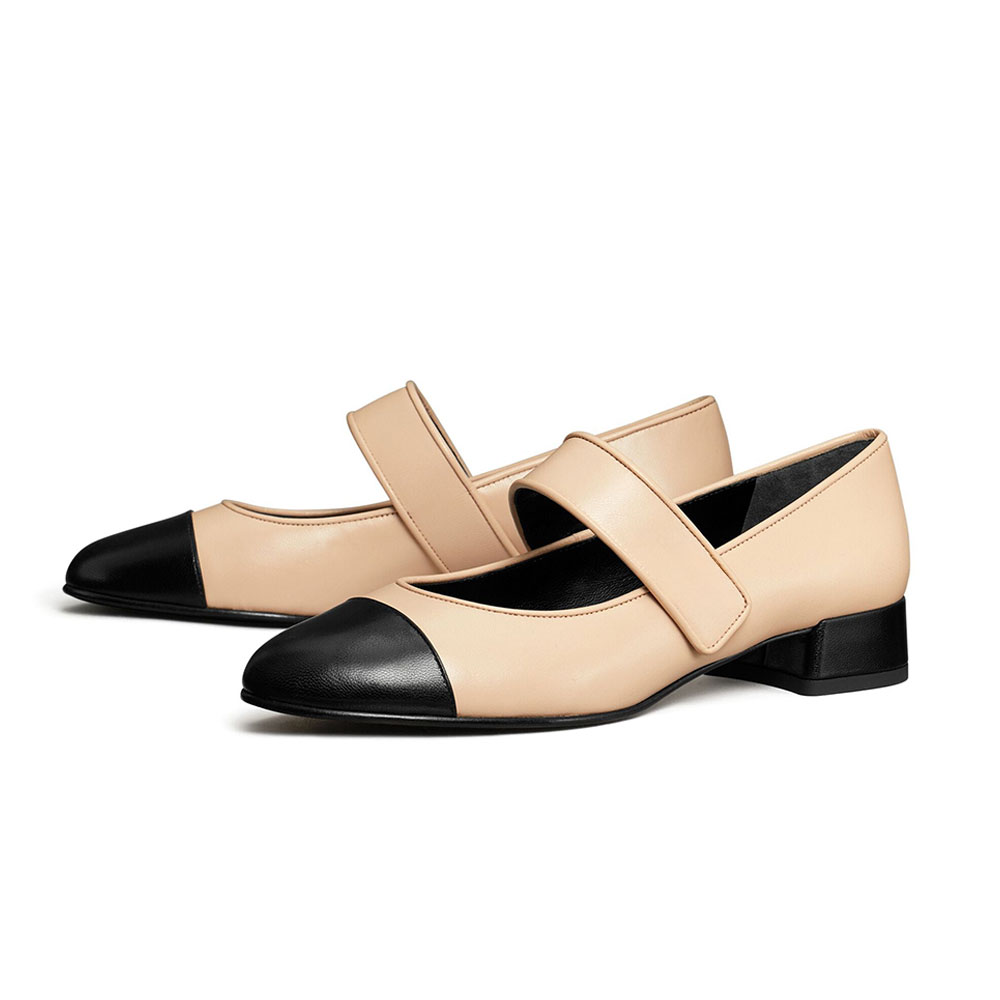 Beige Vegan Leather Black Round Toe Strap Mary Janes for Women Nicepairs