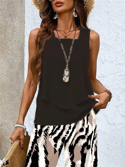 Women's Sleeveless Square Collar Graphic Printed Casual Set