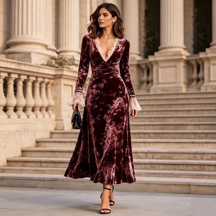 Women&rsquo;s Burgundy Velvet Maxi Dress &ndash; Deep V-Neck Lace Cuff Long Sleeve Vintage Party & Holiday Evening Gown