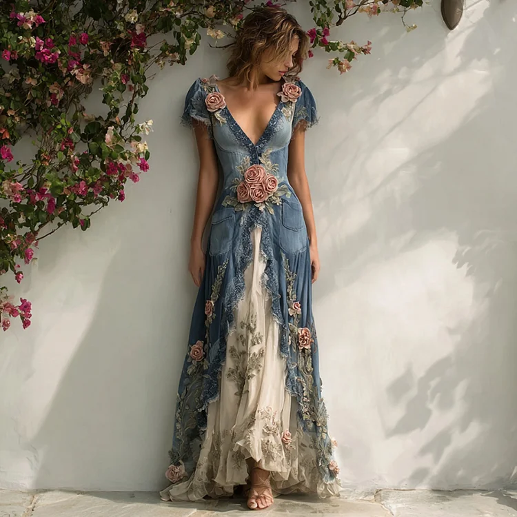 Women's Elegant Roses Embroidered Art Patchwork V Neck Short Sleeve Maxi Dress