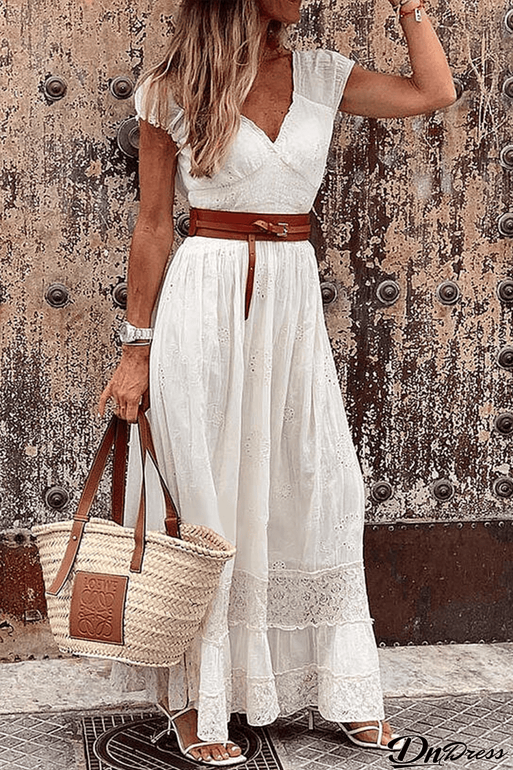 Casual Solid Patchwork V Neck Waist Skirt Dresses