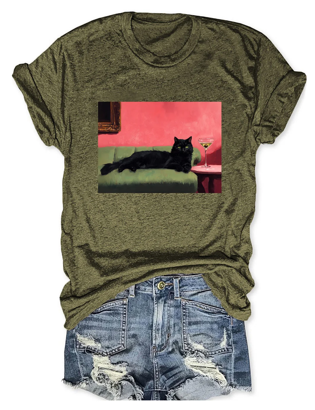 Black Cat With Martini Art T-shirt