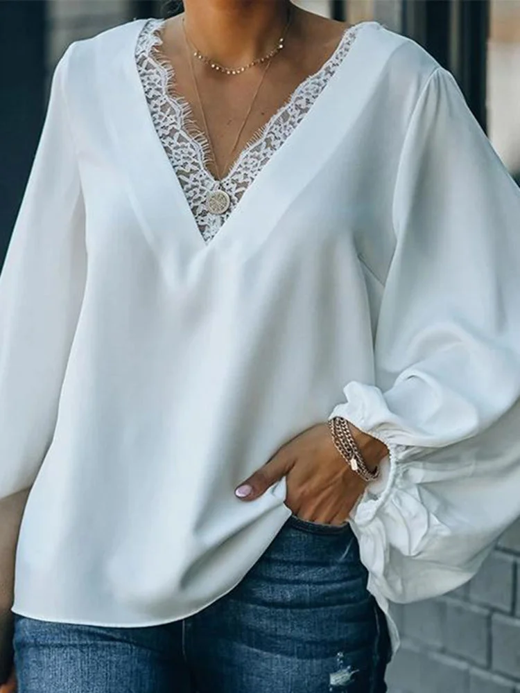 Solid color V-neck long-sleeved lace blouse SKUH85599 QueenFunky