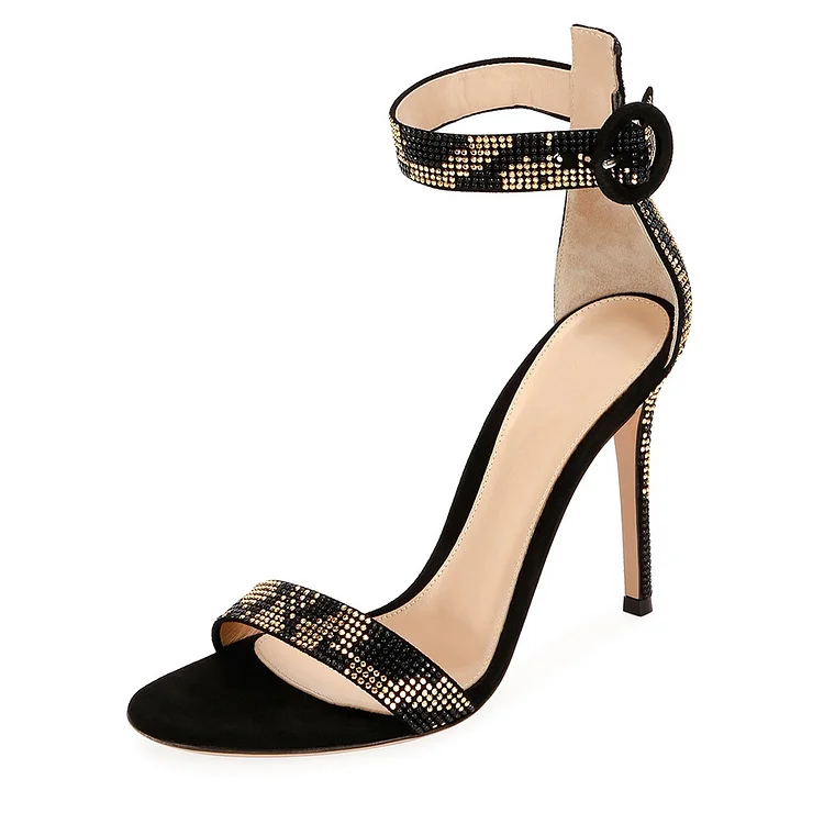 Black Suede Rhinestone Stiletto Heel Ankle Strap Sandals |FSJ Shoes