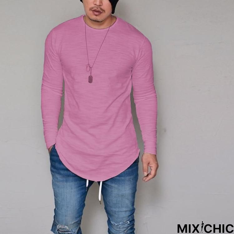 Plus Size Fashion Casual Slim Elastic Soft Solid Long Sleeve Men T Shirts Male Fit Tops Tee