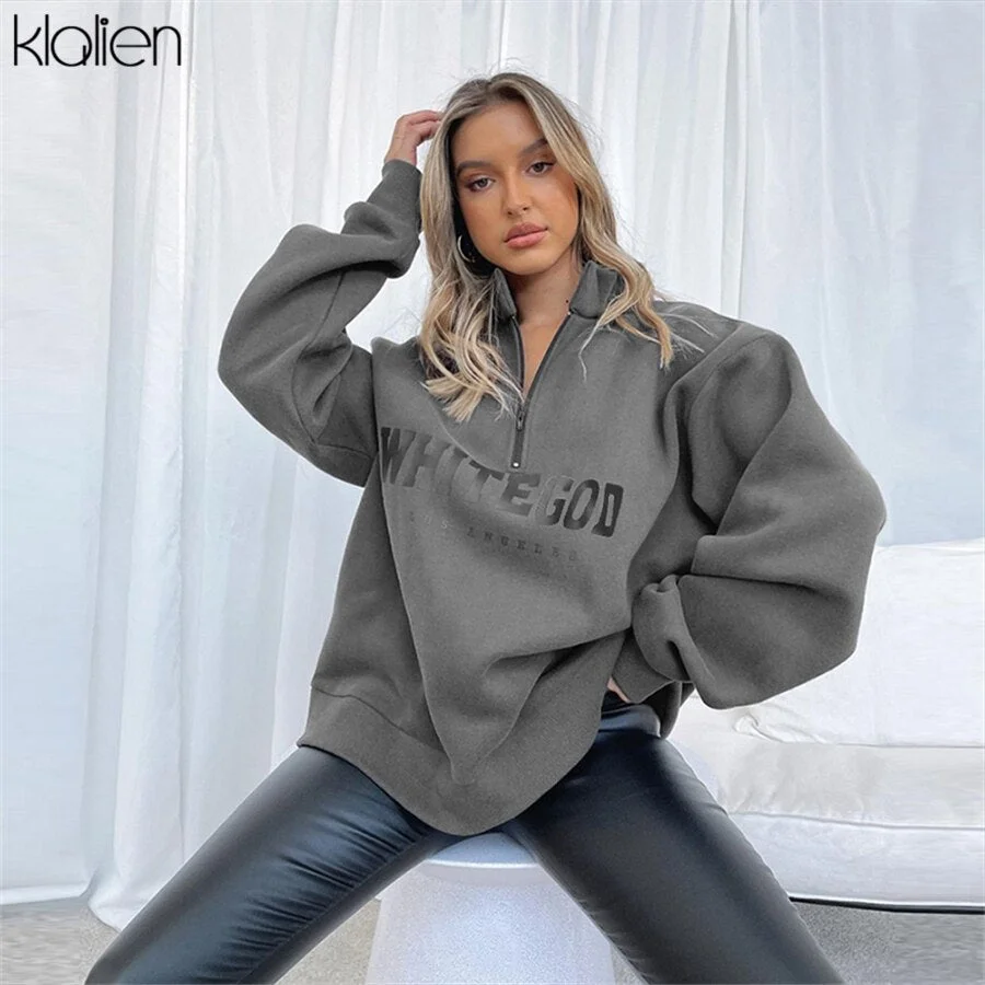 KLALIEN Fashion Casual Street Print Letter Loose Pullover Hoodies For Women Autumn New Simple Warm Thicken Sweatshirts Female