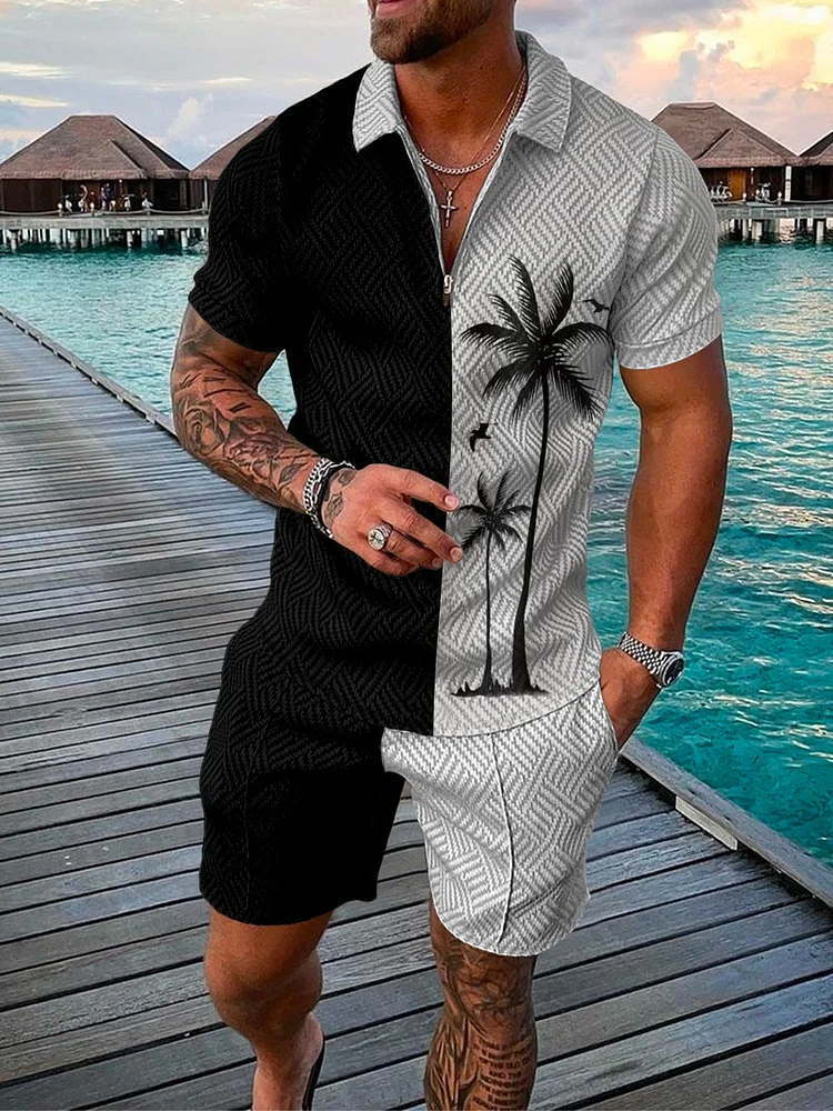 Men's Coconut Tree Zip Polo Shirt and Shorts Two-Piece Suits
