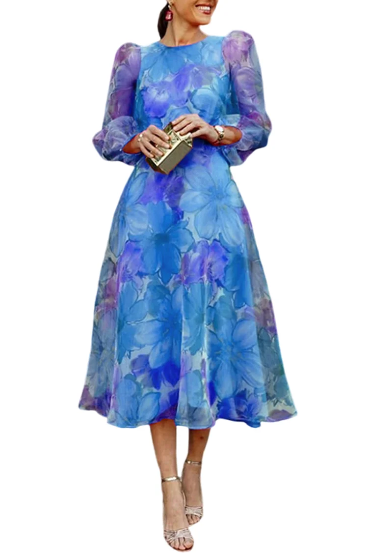 Everyday Rose Red Mesh Floral Print Puff Sleeve Midi Dress