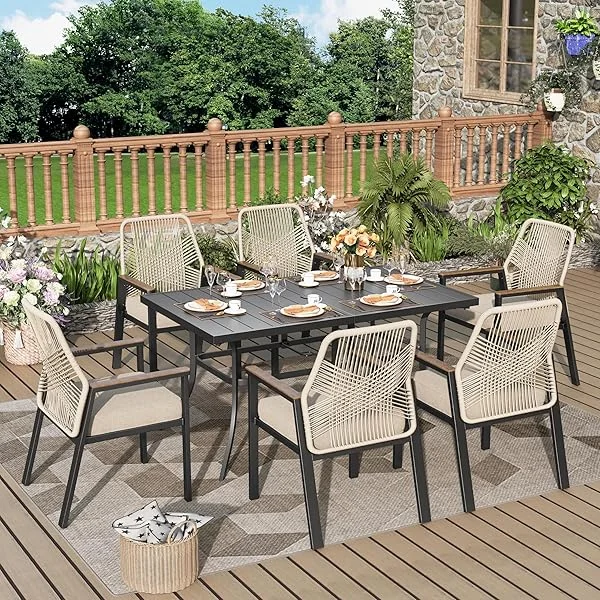 7 Pieces Outdoor Patio Dining Set, Wicker Patio Table and Chairs Set of 6, Rattan Chairs with 3.1" Cushions and Metal Rectangular Table for Backyard, Porch, Beige 7pcs with 60x37 Rectangular Table