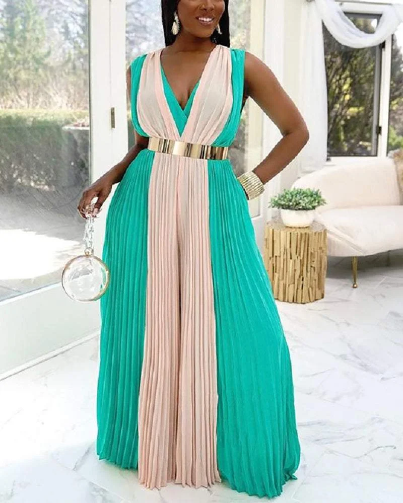 Fashion Casual V-neck Sleeveless Pleated Wide-leg Jumpsuit