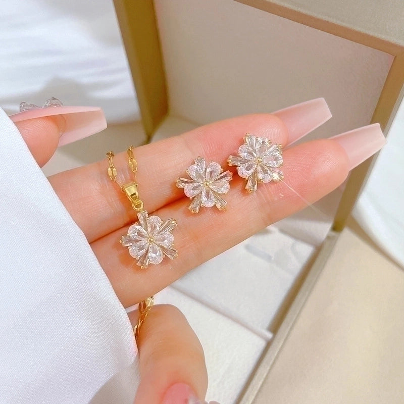 Copper Minimalist Plating Inlay Rhombus Bow Knot Zircon Jewelry Set