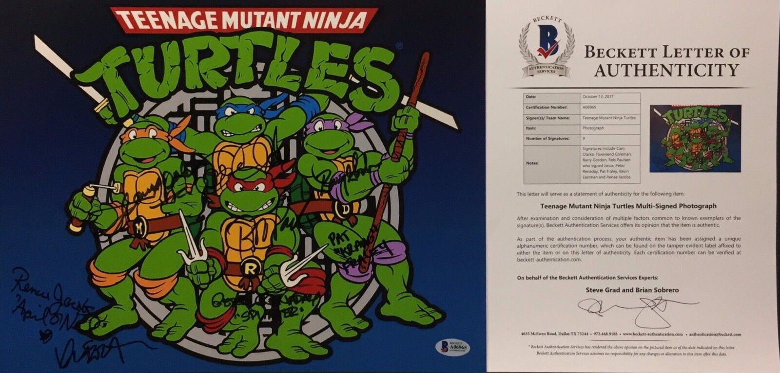 Cam Clarke T. Coleman Gordon Paulsen Fraley Signed Ninja Turtles 11x14 Photo Poster painting BAS